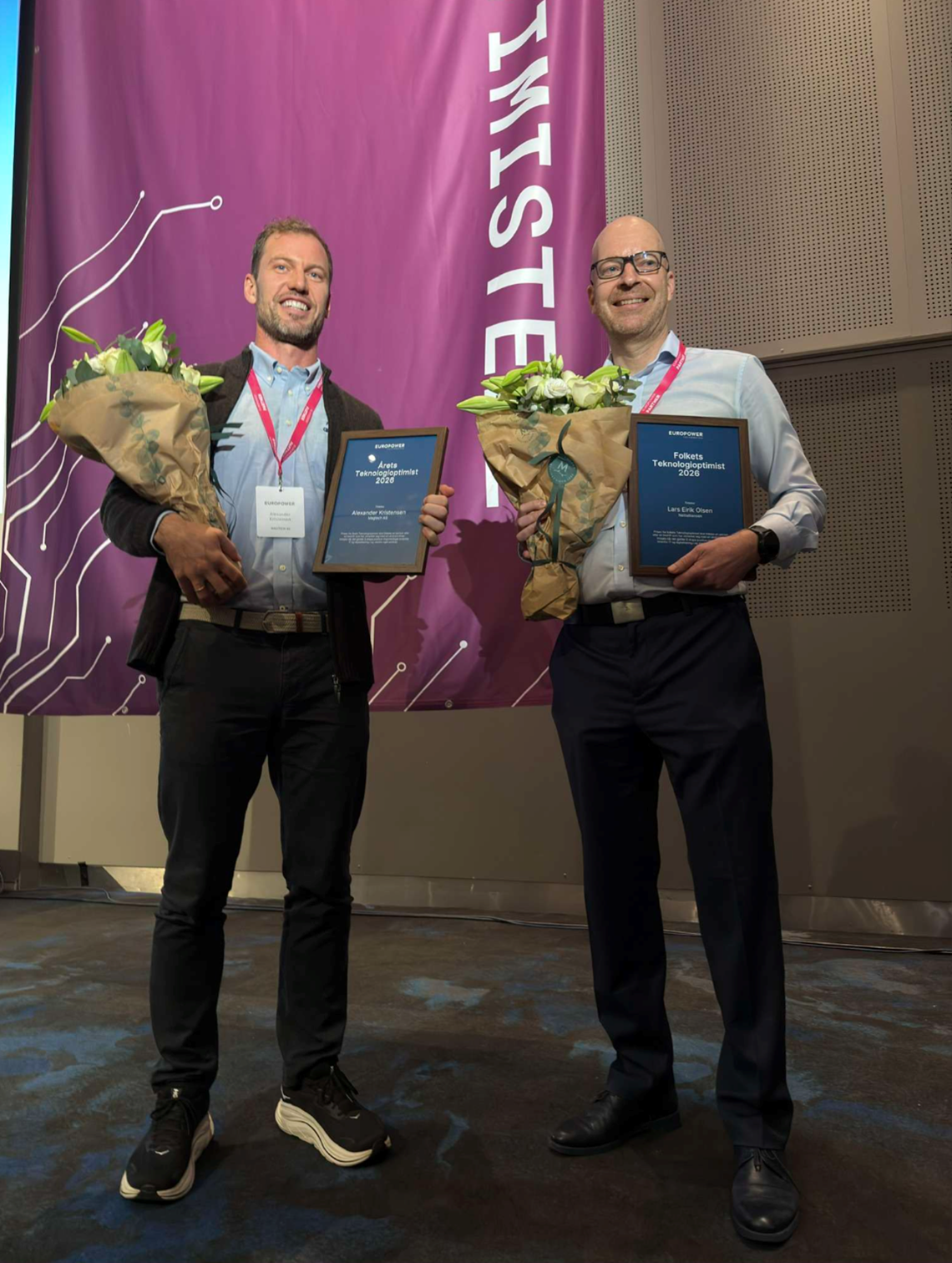 Her sammen med vinneren av årets Teknologioptimist; Alexander Kristensen, CCO i Magtech AS.